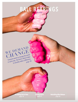 Image of the cover of Ball Bearings Magazine image of hands covered in pink paint